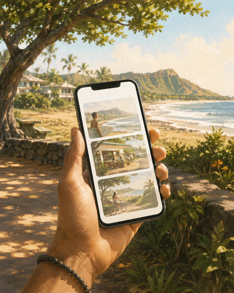 Hand holding a phone in an Oʻahu neighborhood setting