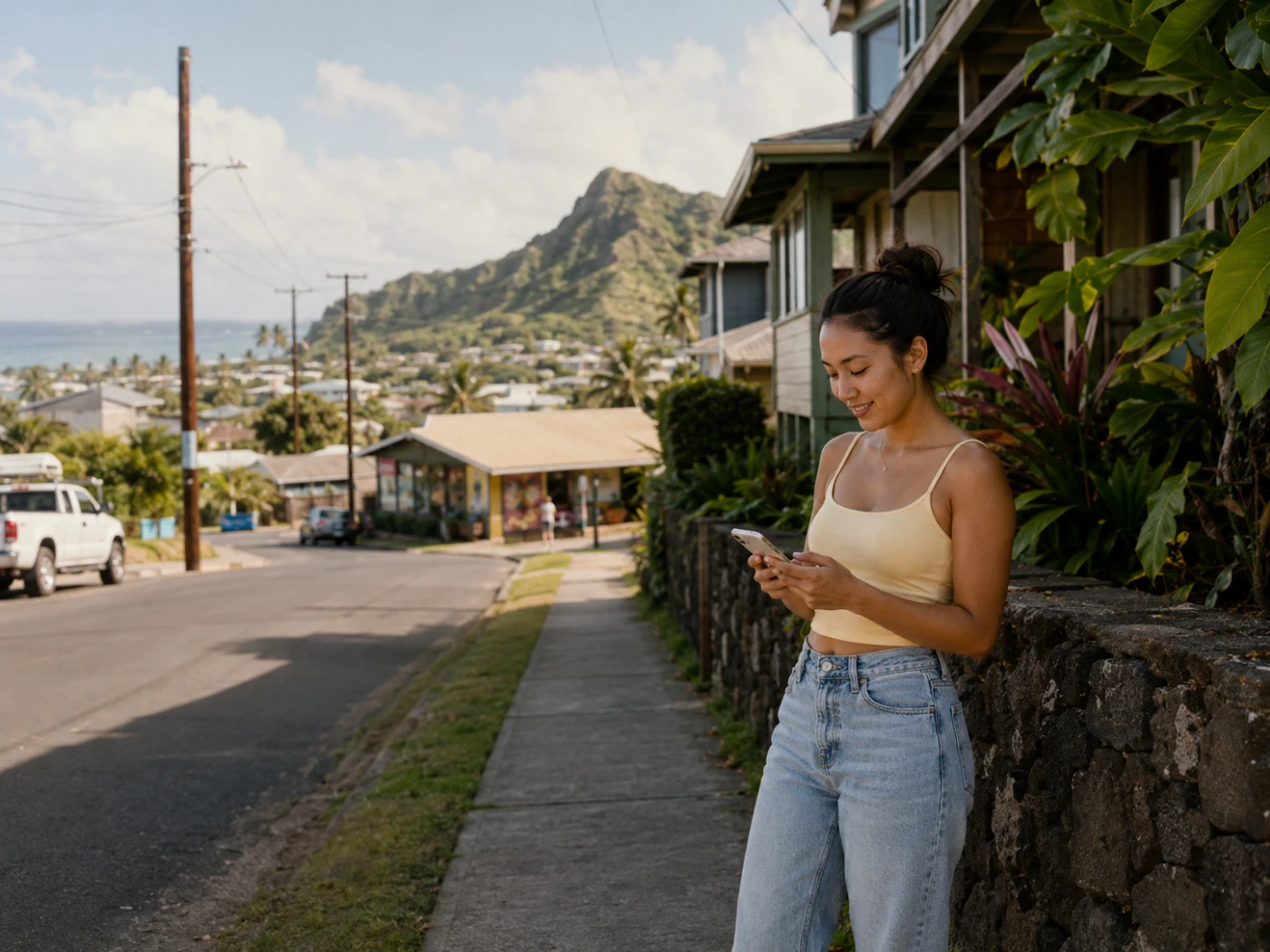 Person using a phone in an Oʻahu neighborhood