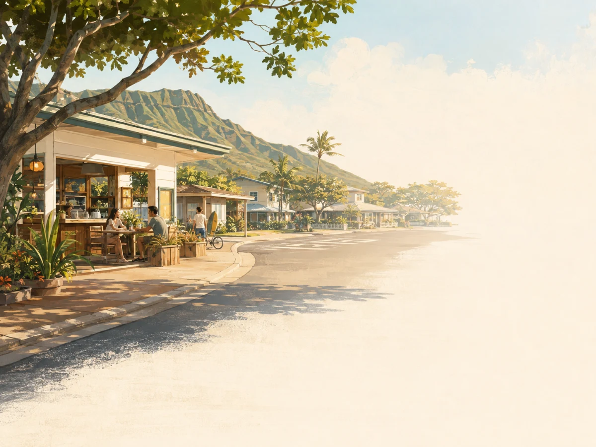 Oʻahu neighborhood with a local café and mountain backdrop
