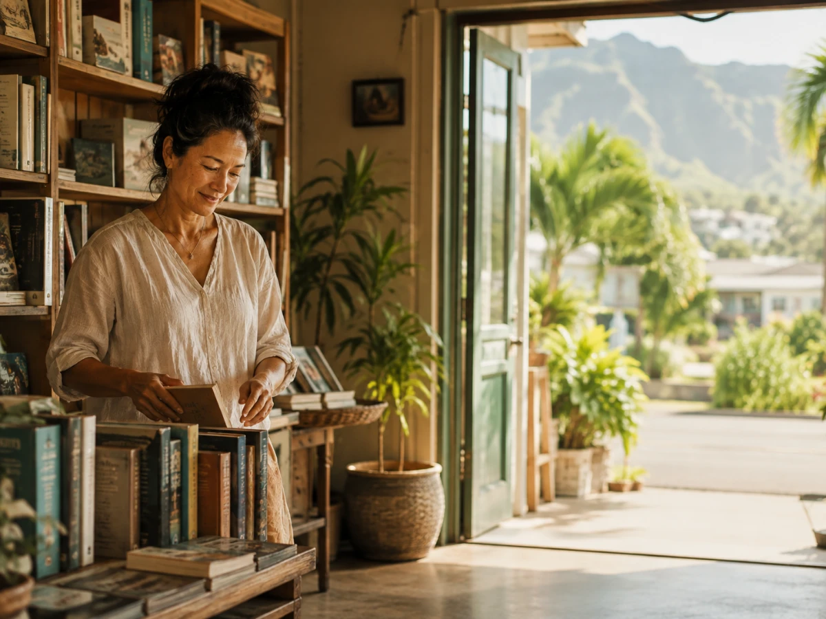 Shop owner in her own bookshop