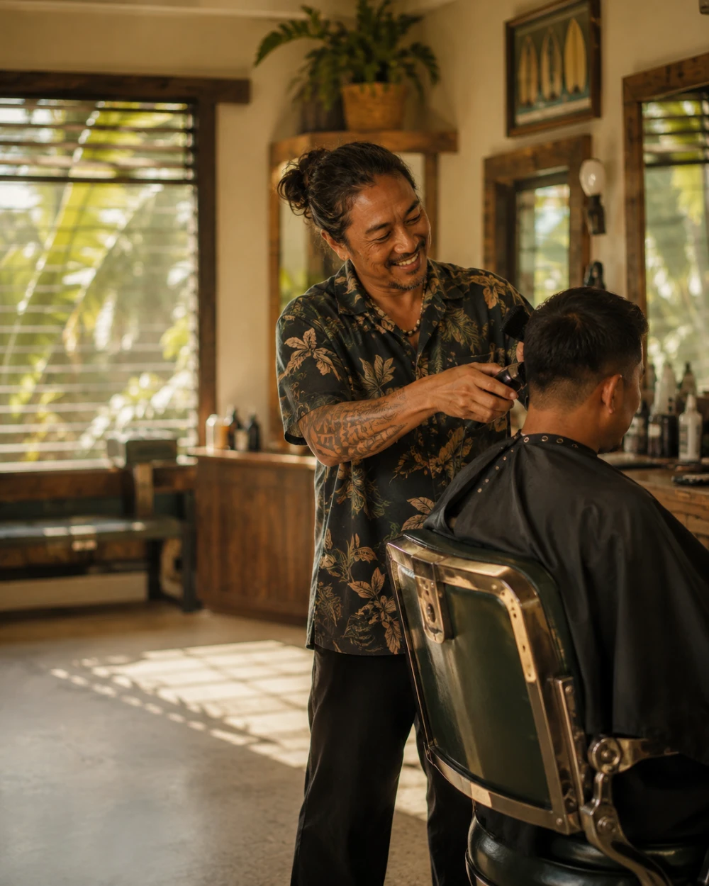 Neighborhood barber giving a cut in his Kaimukī shop