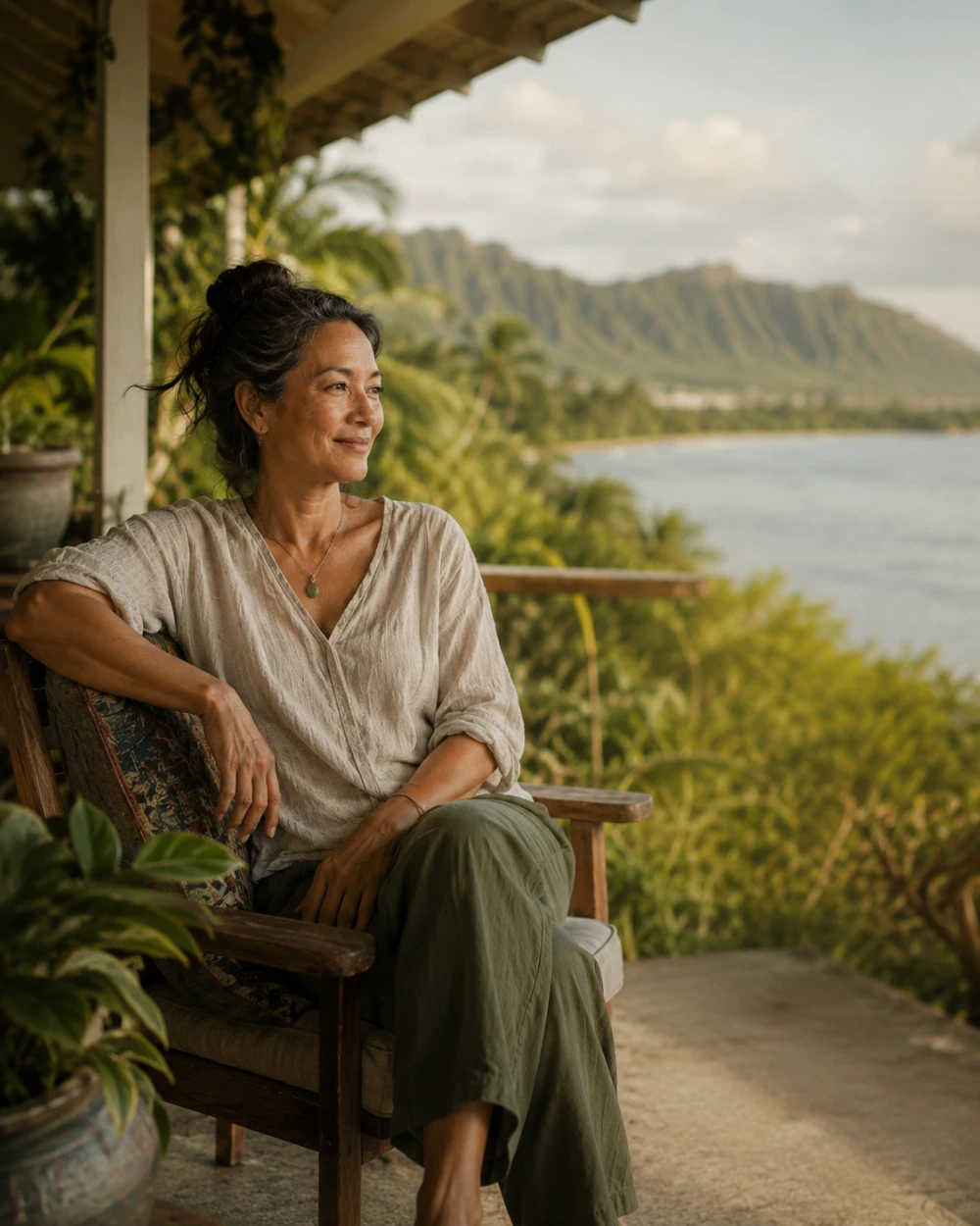 Neighbor at ease on her Kāneʻohe lanai