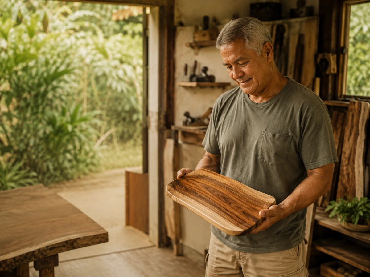 Woodworker with a finished board in his Waiʻanae shop