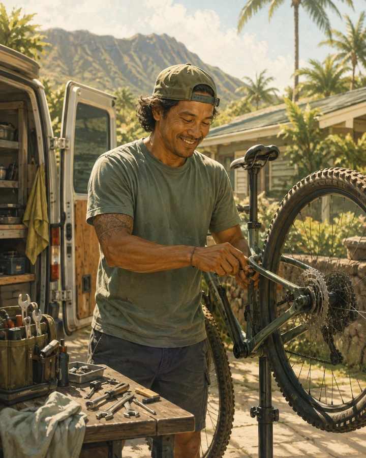 Mobile bike mechanic repairing a bicycle in Honolulu