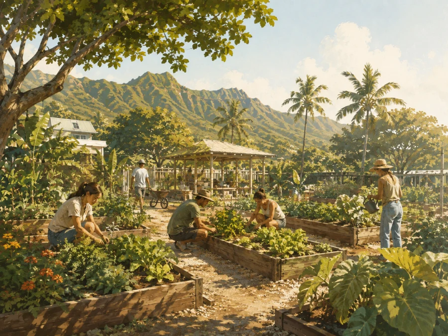 Oʻahu community garden with neighbors tending raised beds