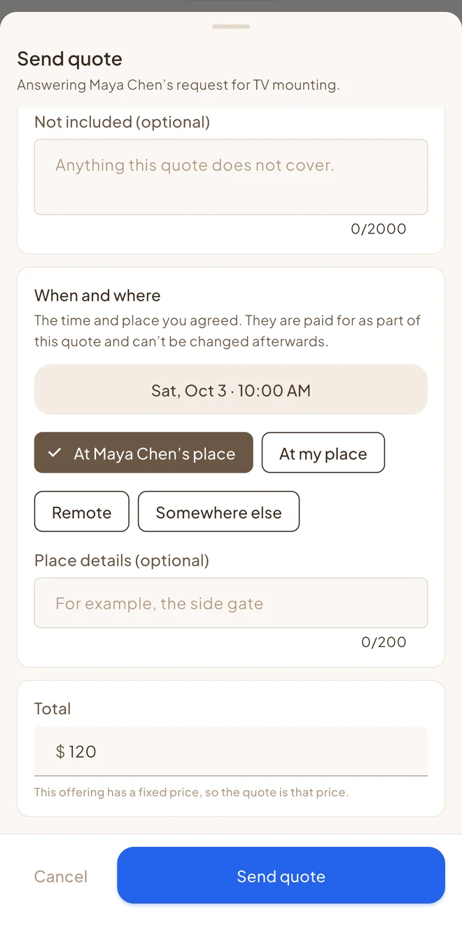 The Localsville app: a provider sending a quote with the agreed time, the place and a total of $120