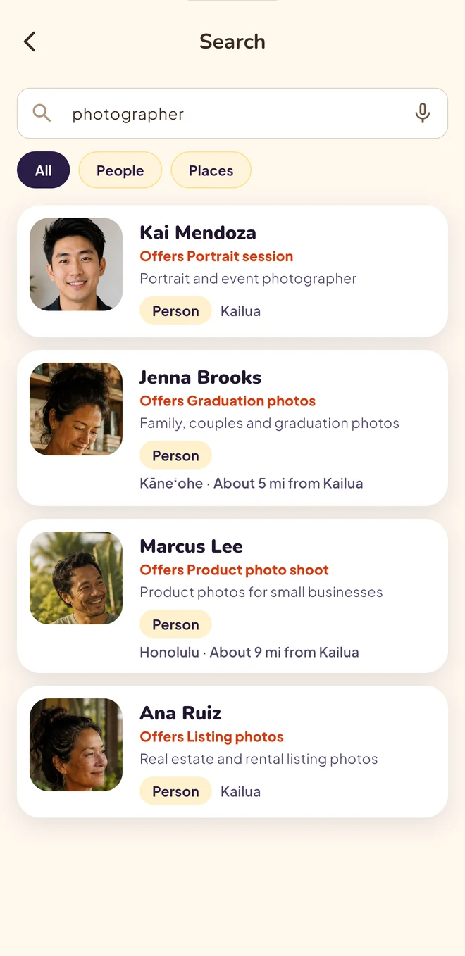 The Localsville app: a search for photographer shows four people nearby, each with what they offer and how far away they are