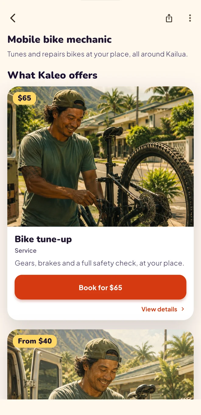 The Localsville app: a profile offering a Bike tune-up service for $65, with a Book for $65 button